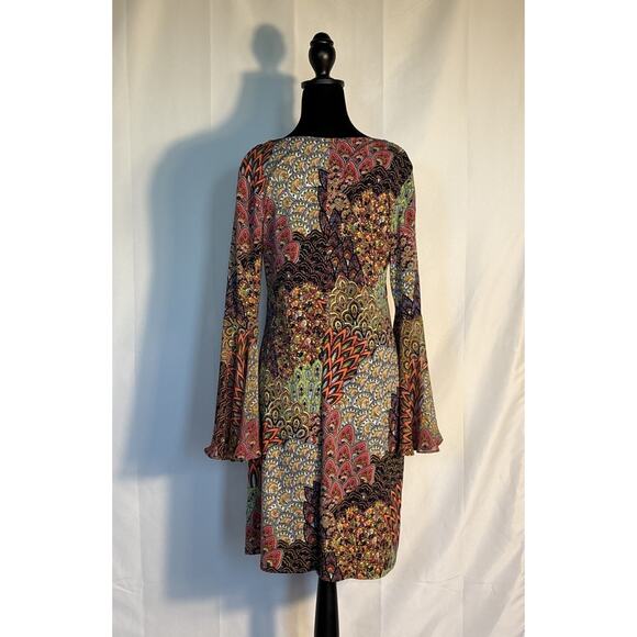 MSK Printed Bell- Sleeves Shift Dress with opening at elbow. Pullover Scoop Neck - Picture 2 of 4